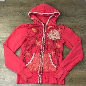 Filter Women’s Red Embellished Zip up Hoodie, size XS